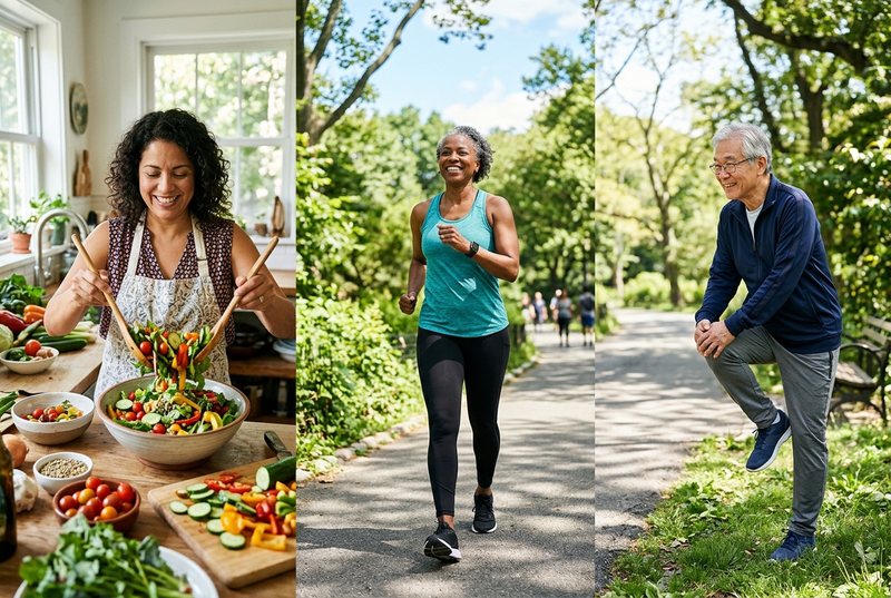 People engaging in healthy eating and physical activity.